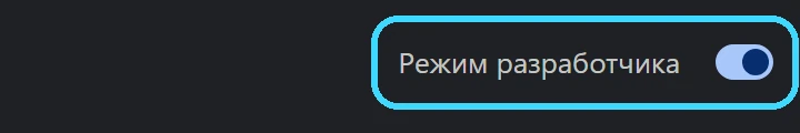 Переключатель «Режим разработчика» в правом верхнем углу, включён и обведён