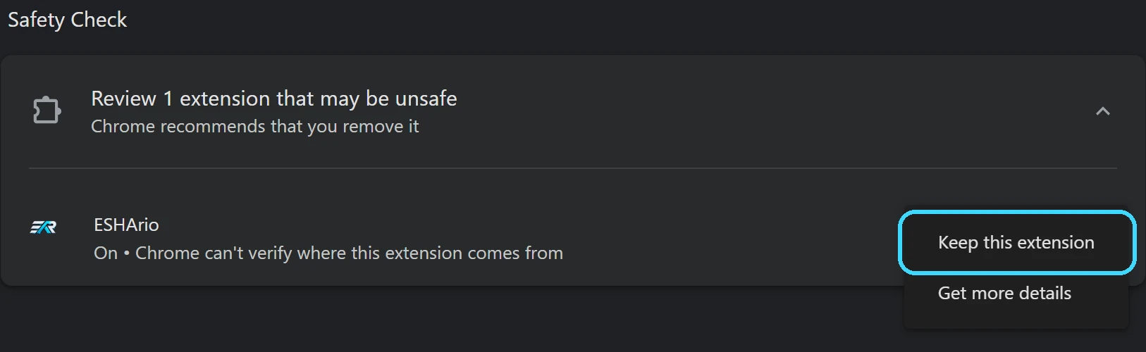 Chrome safety check: the ESHArio menu is open and Keep this extension is circled