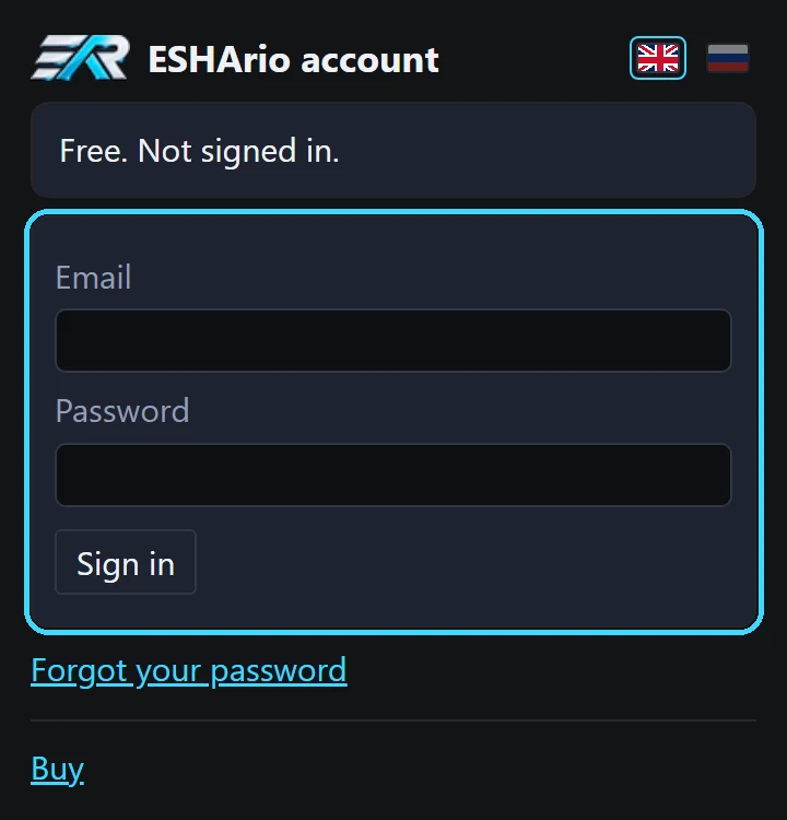 The ESHArio sign-in window: the Email and Password fields and the Sign in button circled