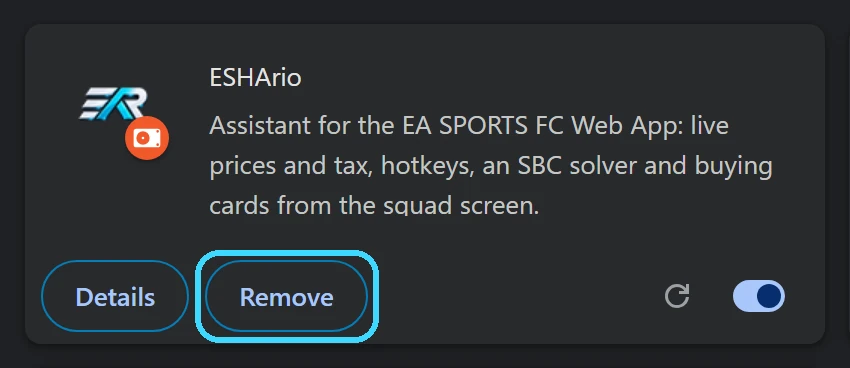 The ESHArio card on the Chrome extensions page with the Remove button circled