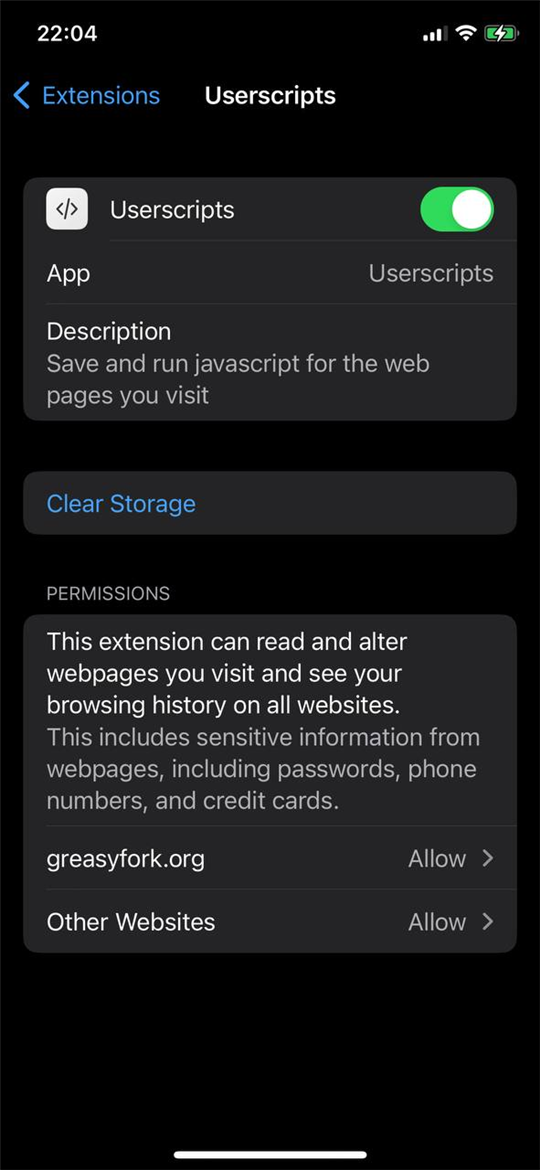 Userscripts access for websites, “Allow”