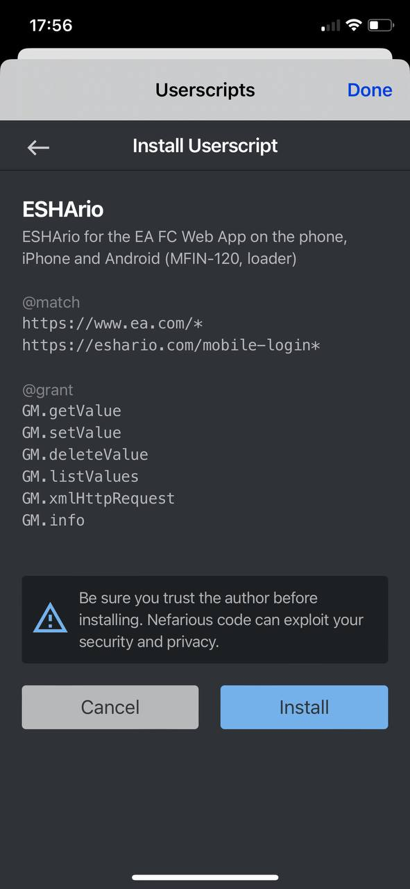 The ESHArio script install window in Userscripts, “Install” button