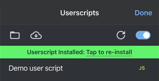 The green “Userscript Installed” line