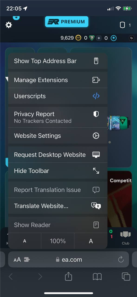 The “aA” menu in Safari with the “Userscripts” item